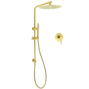 WELS Brushed Gold Twin Shower Large Round 12" Rain Head Handheld Rose Silde Wall Rail Arm Mixer V1233-S4902ABGSS019CBGKSR112GKRD201G