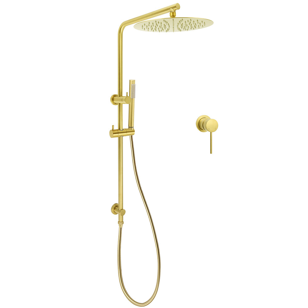 Brushed Gold Twin Shower Large Round 12" Rain Head Handheld Rose Silde Wall Rail Arm Small Face Mixer V1233-S4902ABGSS019CBGKSR112GKRD201G60