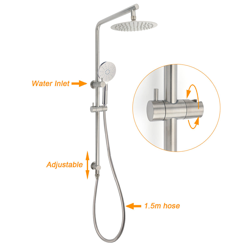 Brushed Nickel Dual Shower Set Sliding Rail Arm 8" Round Head Handheld Silver V1233-S4902BNHR002M4CNKSR108N