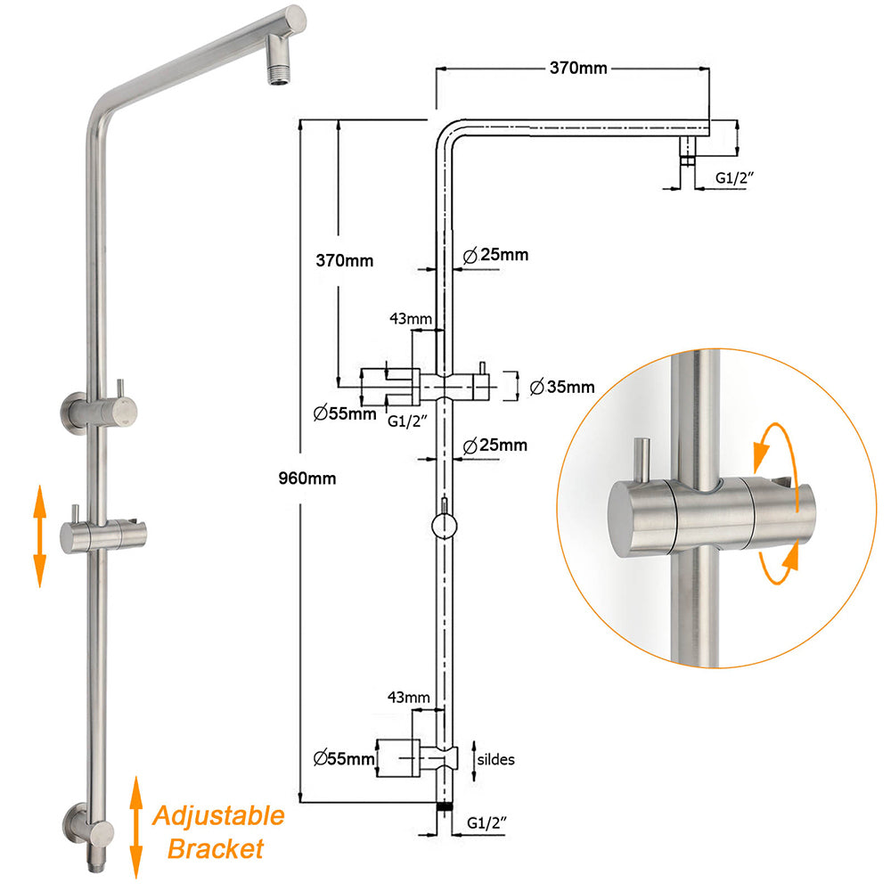 Brushed Nickel Dual Shower Set Sliding Rail Arm 8" Round Head Handheld Silver V1233-S4902BNHR002M4CNKSR108N