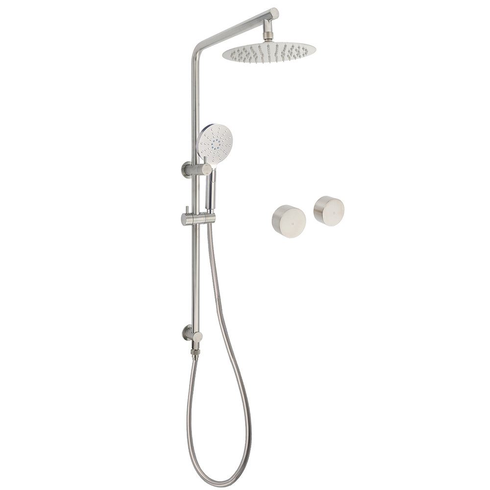 Brushed Nickel Dual Shower Set Sliding Rail Arm 8" Round Head Handheld Twin Taps Valve V1233-S4902BNHR002M4CNKSR108NKC0292BN