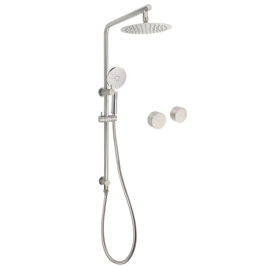 Brushed Nickel Dual Shower Set Sliding Rail Arm 8" Round Head Handheld Twin Taps Valve V1233-S4902BNHR002M4CNKSR108NKC0292BN