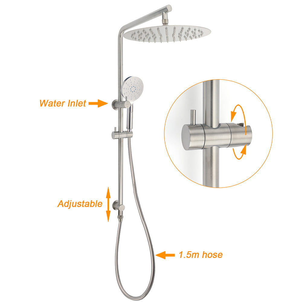 WELS Brushed Nickel Dual Shower Set Sliding Rail Arm 12" Round Head Handheld 2 Way Diverter V1233-S4902BNHR002M4CNKSR112N