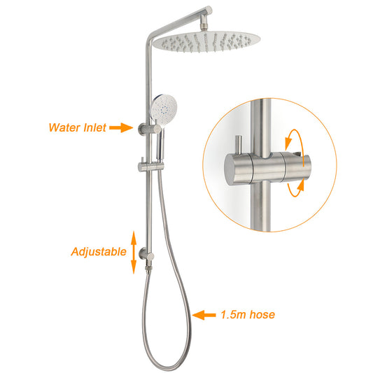 WELS Brushed Nickel Dual Shower Set Sliding Rail Arm 12" Round Head Handheld 2 Way Diverter V1233-S4902BNHR002M4CNKSR112N