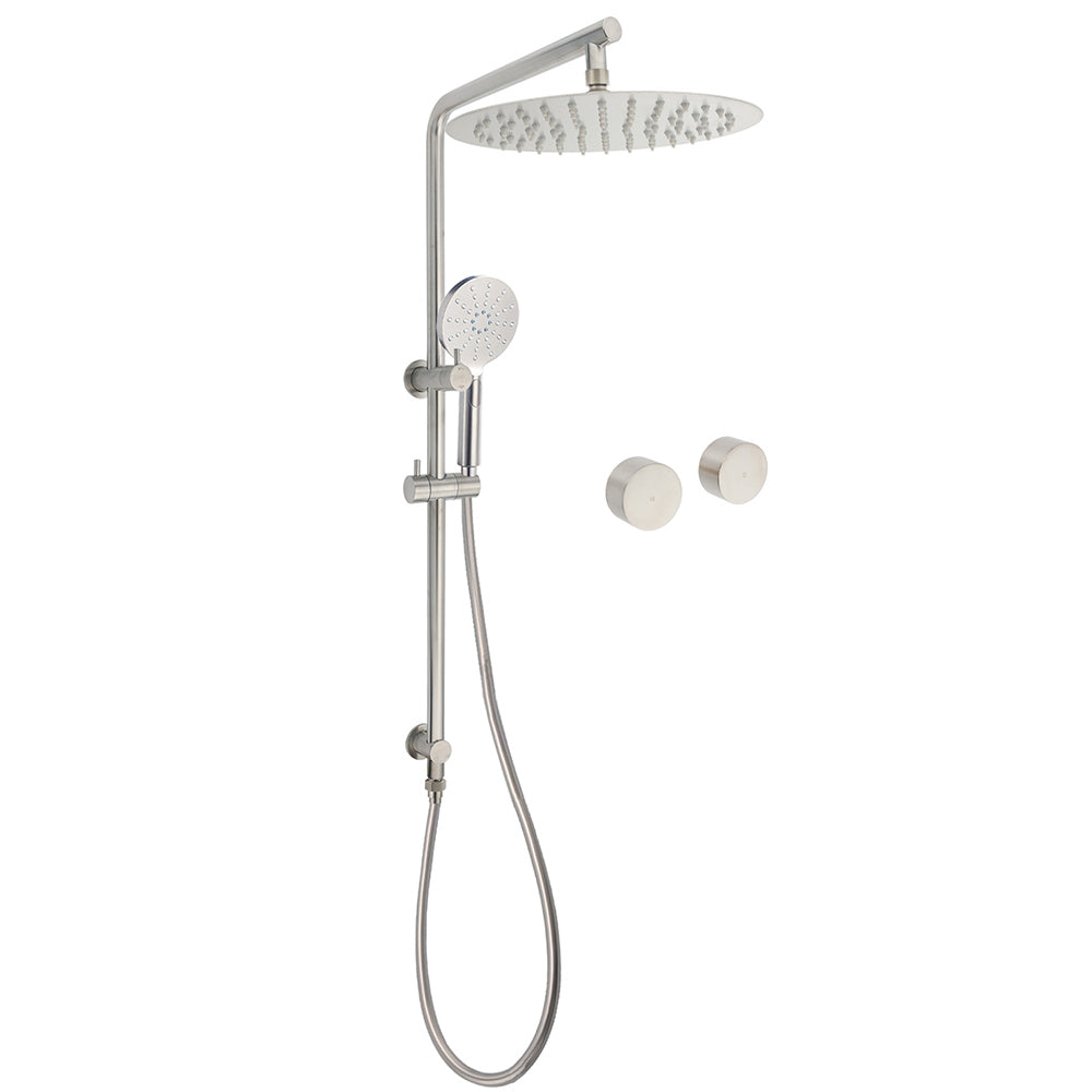 Brushed Nickel 2in1 Shower Set Sliding Rail Arm 12" Round Head Handheld Twin Taps Hot Cold Water Control V1233-S4902BNHR002M4CNKSR112NKC0292BN