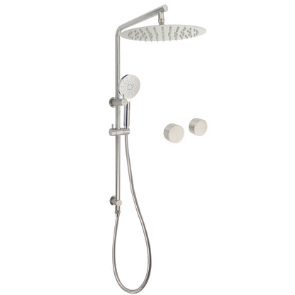 Brushed Nickel 2in1 Shower Set Sliding Rail Arm 12" Round Head Handheld Twin Taps Hot Cold Water Control V1233-S4902BNHR002M4CNKSR112NKC0292BN