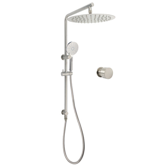 Brushed Nickel Dual Shower Set Sliding Rail Arm 12" Round Head Handheld Wall Mixer Valve V1233-S4902BNHR002M4CNKSR112NKC1292BN