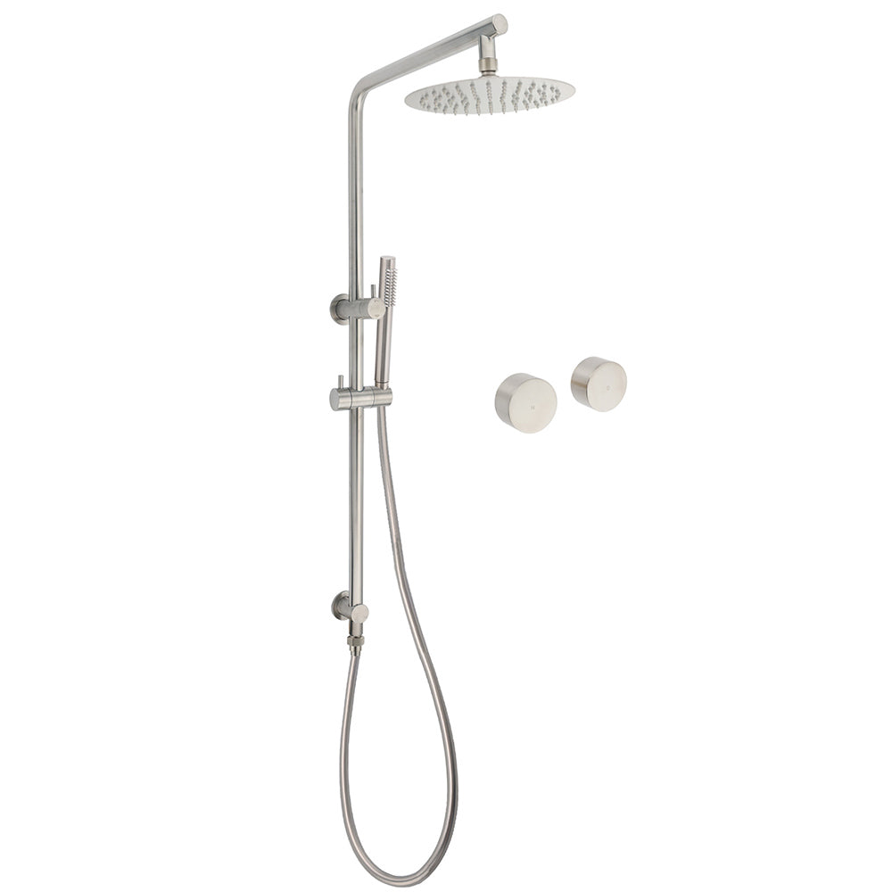 Brushed Nickel 2in1 Shower Set Sliding Rail Arm 8" Round Head Stainless Steel Handheld Twin Taps Valve V1233-S4902BNSS019CBNKSR108NKC0292BN