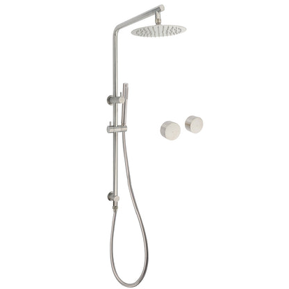 Brushed Nickel 2in1 Shower Set Sliding Rail Arm 8" Round Head Stainless Steel Handheld Twin Taps Valve V1233-S4902BNSS019CBNKSR108NKC0292BN