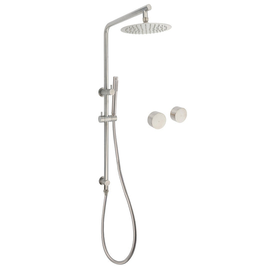 Brushed Nickel 2in1 Shower Set Sliding Rail Arm 8" Round Head Stainless Steel Handheld Twin Taps Valve V1233-S4902BNSS019CBNKSR108NKC0292BN