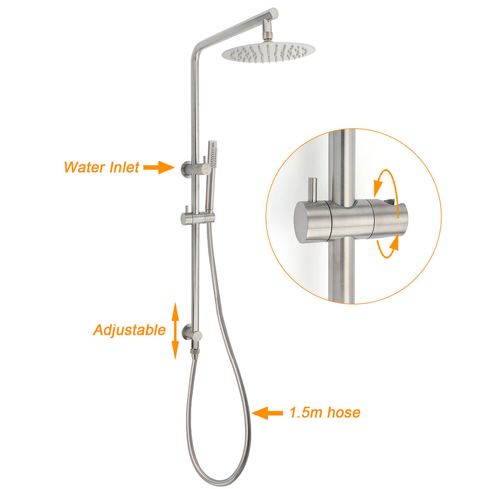 WELS Brushed Nickel 2in1 Shower Set Sliding Rail Arm 8" Round Head Metal Handheld Small Face Mixer V1233-S4902BNSS019CBNKSR108NKRD201N60