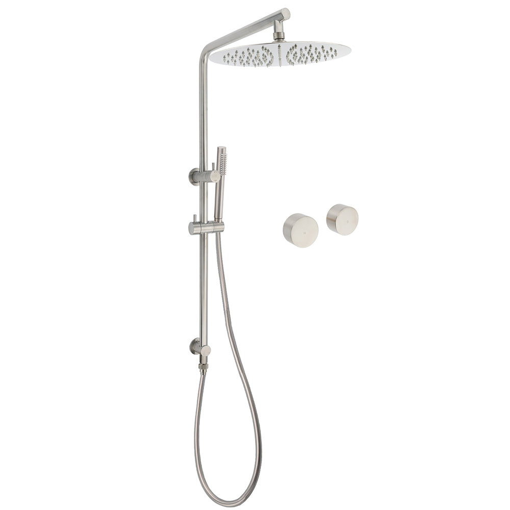 WELS Brushed Nickel Dual Shower Set Sliding Rail Arm 12" Round Head Metal Handheld Twin Taps Valve V1233-S4902BNSS019CBNKSR112NKC0292BN