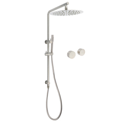 WELS Brushed Nickel Dual Shower Set Sliding Rail Arm 12" Round Head Metal Handheld Twin Taps Valve V1233-S4902BNSS019CBNKSR112NKC0292BN