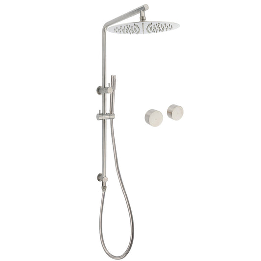 WELS Brushed Nickel Dual Shower Set Sliding Rail Arm 12" Round Head Metal Handheld Twin Taps Valve V1233-S4902BNSS019CBNKSR112NKC0292BN