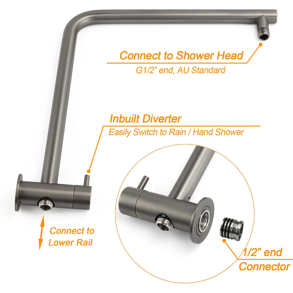 WELS Gunmetal Round 10" Twin Shower Head 3 Modes Handheld Slide Rail Diverter Arm V1233-S4902GMHR002M4CGMKSR110GM