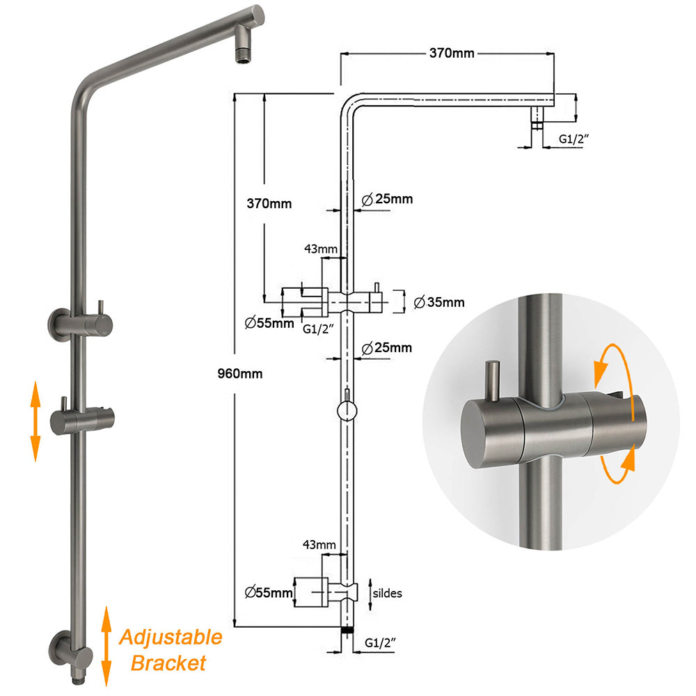 WELS Gunmetal Round 10" Twin Shower Head 3 Modes Handheld Slide Rail Diverter Arm V1233-S4902GMHR002M4CGMKSR110GM