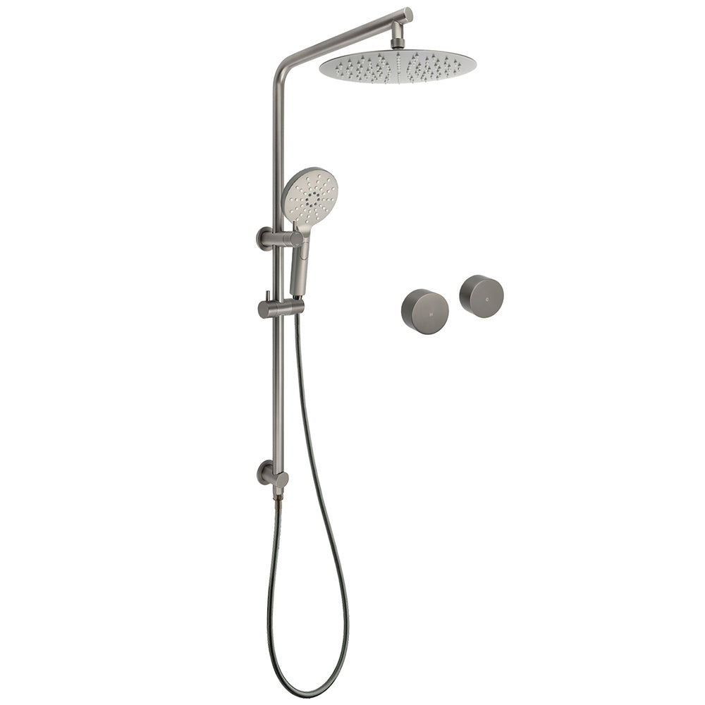 WELS Gun Metal Round 10" Twin Shower Head 3 Modes Handheld Slide Rail Hot Cold Taps Set V1233-S4902GMHR002M4CGMKSR110GMKC0292GM