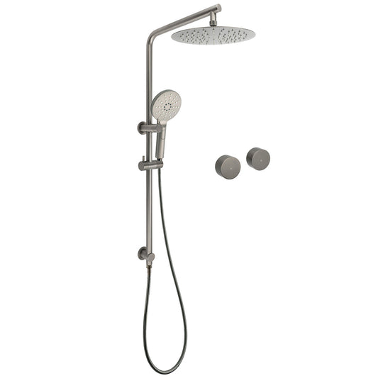 WELS Gun Metal Round 10" Twin Shower Head 3 Modes Handheld Slide Rail Hot Cold Taps Set V1233-S4902GMHR002M4CGMKSR110GMKC0292GM