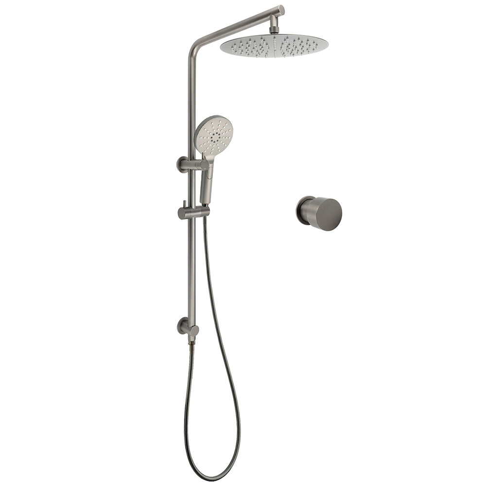 WELS Gun Metal Round 10" Twin Shower Head 3 Modes Handheld Slide Rail Arm Diverter Mixer Set V1233-S4902GMHR002M4CGMKSR110GMKC1292GM