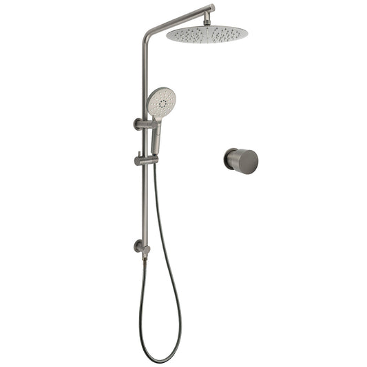 WELS Gun Metal Round 10" Twin Shower Head 3 Modes Handheld Slide Rail Arm Diverter Mixer Set V1233-S4902GMHR002M4CGMKSR110GMKC1292GM