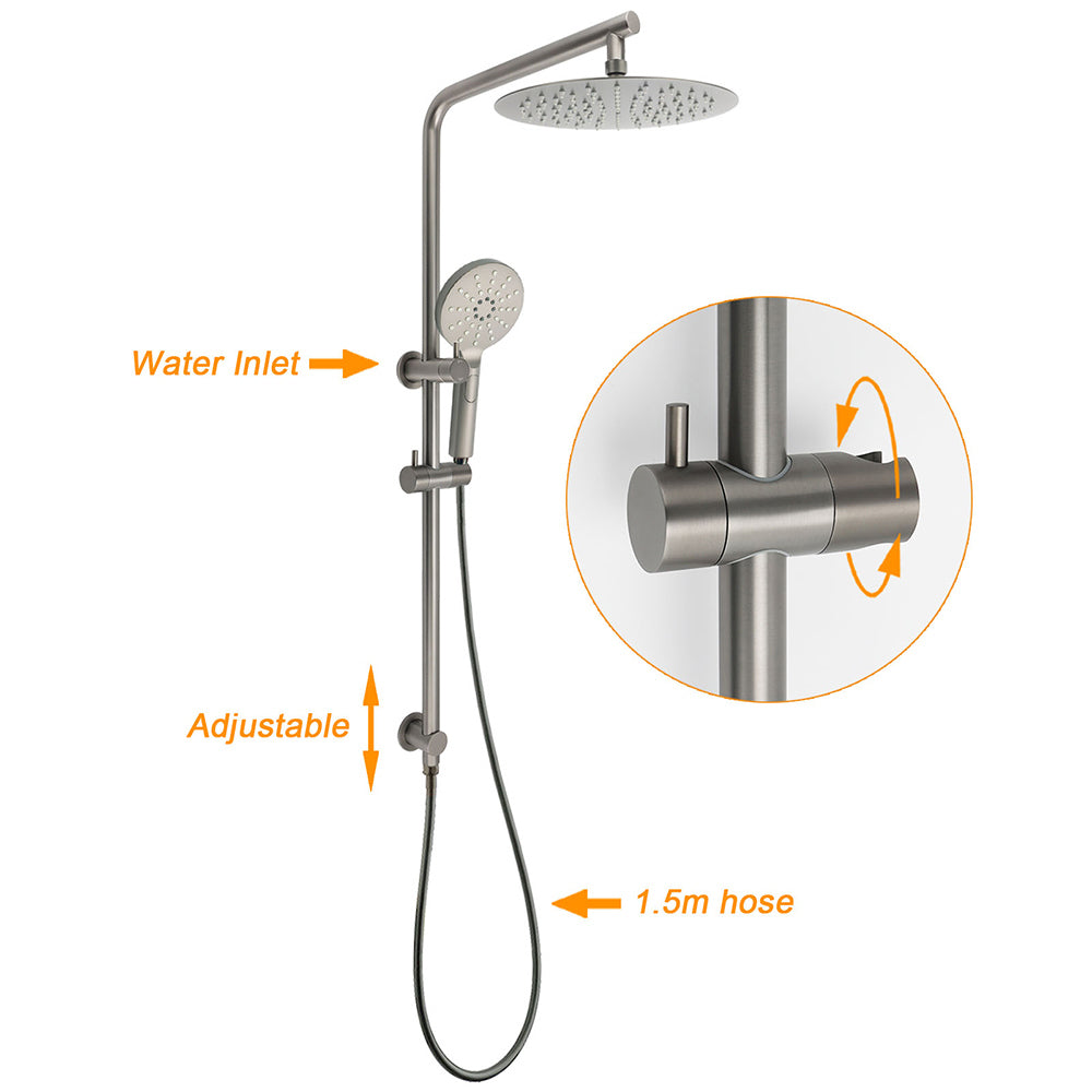 WELS Gun Metal Round 10" Twin Shower Head 3 Modes Handheld Slide Rail Arm Diverter Mixer Set V1233-S4902GMHR002M4CGMKSR110GMKC1292GM