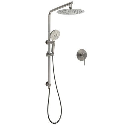 WELS Gun Metal Round 10" Twin Shower Head 3 Modes Handheld Slide Rail Diverter Mixer V1233-S4902GMHR002M4CGMKSR110GMKRD201GM