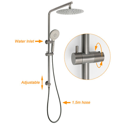 WELS Gun Metal Round 10" Twin Shower Head 3 Modes Handheld Slide Rail Diverter Mixer V1233-S4902GMHR002M4CGMKSR110GMKRD201GM