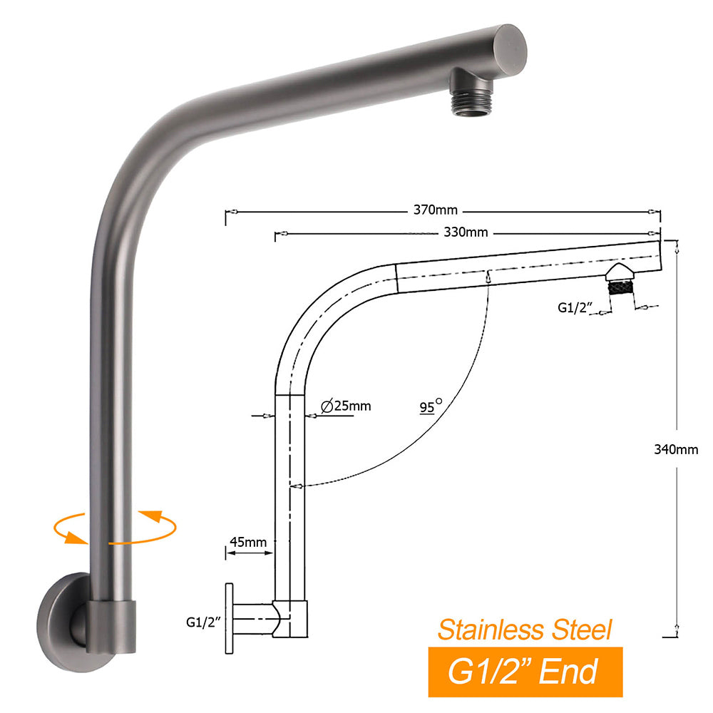 Gun Metal Round 12" Rainfall Shower Head + High Rise Gooseneck Wall Arm Bath Set V1233-SA619GMKSR112GM