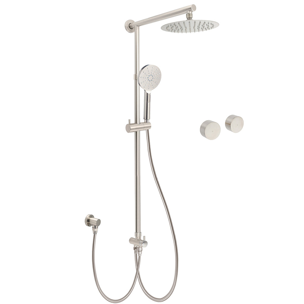Brushed Nickel Round 8" SUS Rain Head Shower Handheld Sliding Rail Arm Chrome Set + Twin Taps V1233-SC842BSHR002M4CNKSR108NKC0292BN