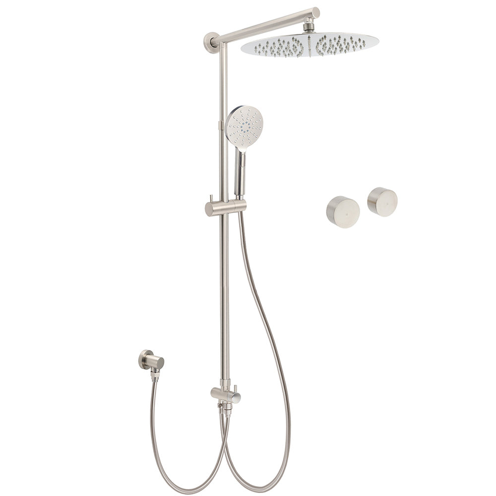 Brushed Nickel Round 12" Large Rain Head Shower Handheld Sliding Rail Arm Chrome Set + Twin Taps V1233-SC842BSHR002M4CNKSR112NKC0292BN