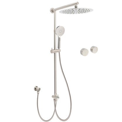 Brushed Nickel Round 12" Large Rain Head Shower Handheld Sliding Rail Arm Chrome Set + Twin Taps V1233-SC842BSHR002M4CNKSR112NKC0292BN