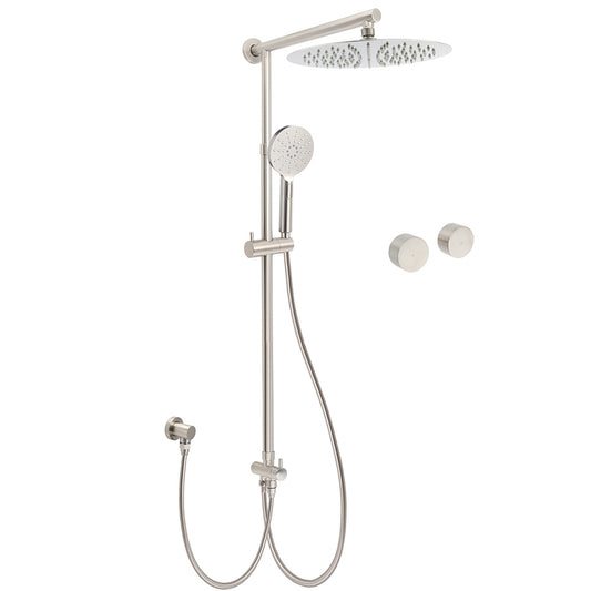 Brushed Nickel Round 12" Large Rain Head Shower Handheld Sliding Rail Arm Chrome Set + Twin Taps V1233-SC842BSHR002M4CNKSR112NKC0292BN