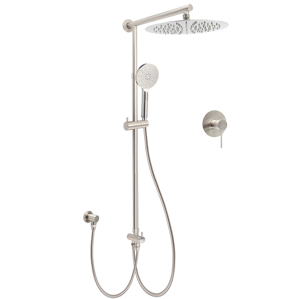 Brushed Nickel Round 12" Rainfall Head Shower Handheld Sliding Rail Arm Mixer 2in1 Set V1233-SC842BSHR002M4CNKSR112NKRD201N
