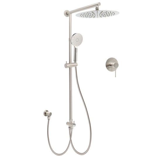 Brushed Nickel Round 12" Rainfall Head Shower Handheld Sliding Rail Arm Mixer 2in1 Set V1233-SC842BSHR002M4CNKSR112NKRD201N