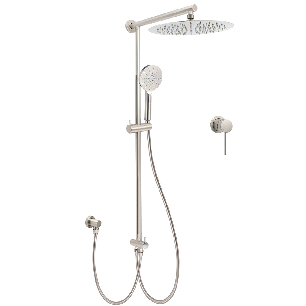 Brushed Nickel Round 12" Rainfall Head Shower Handheld Sliding Rail Small Face Mixer 2in1 Set V1233-SC842BSHR002M4CNKSR112NKRD201N60