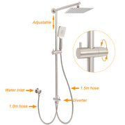 Brushed Nickel 2in1 Square 8" Thin Rainfall Head Shower Handheld Sliding Rail Arm Set V1233-SC842BSHS002M4CNKSS108N