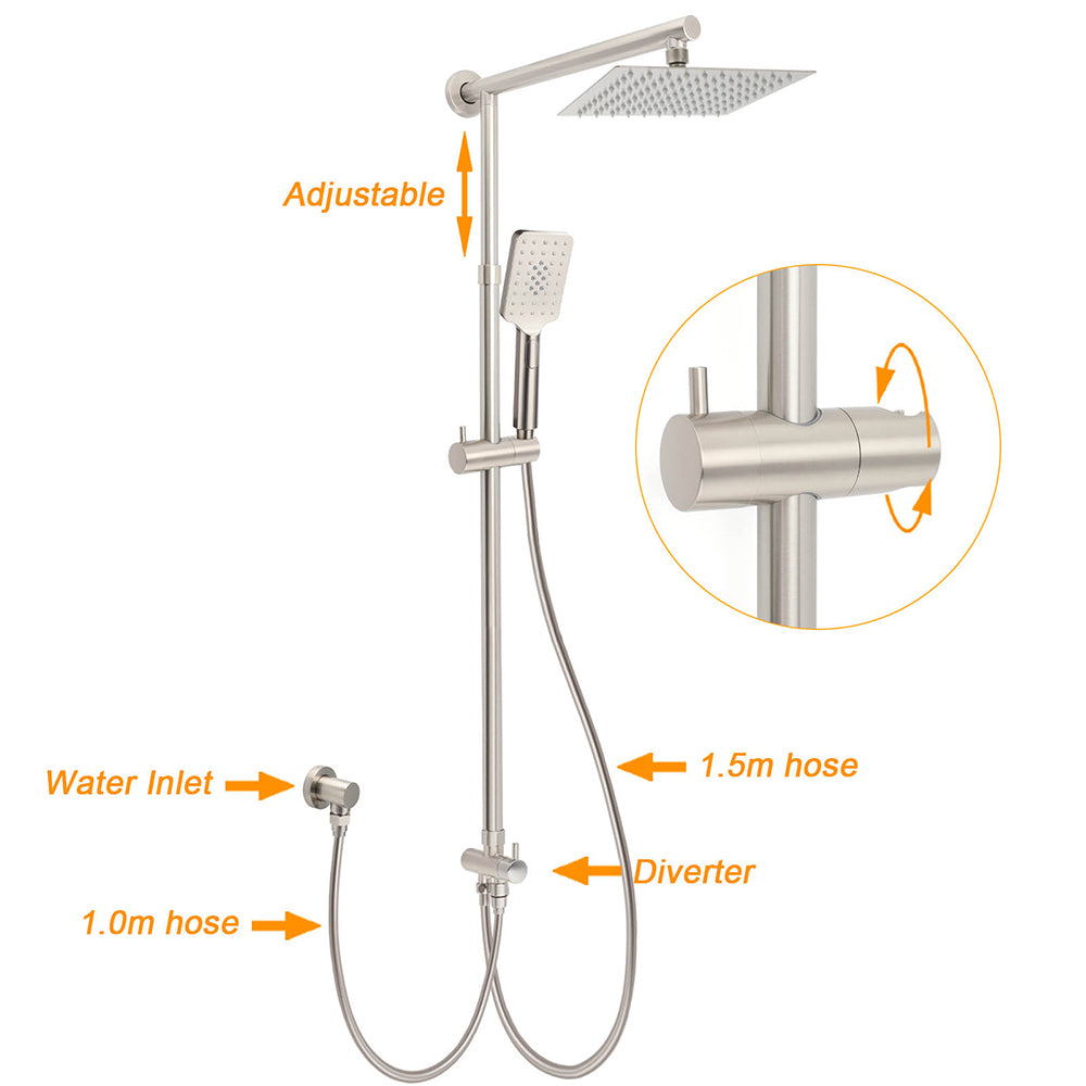 Brushed Nickel 2in1 Square 8" Thin Rainfall Head Shower Handheld Sliding Rail Arm Set V1233-SC842BSHS002M4CNKSS108N