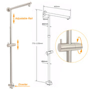 Brushed Nickel 2in1 Square 8" Thin Rainfall Head Shower Handheld Sliding Rail Arm Set V1233-SC842BSHS002M4CNKSS108N