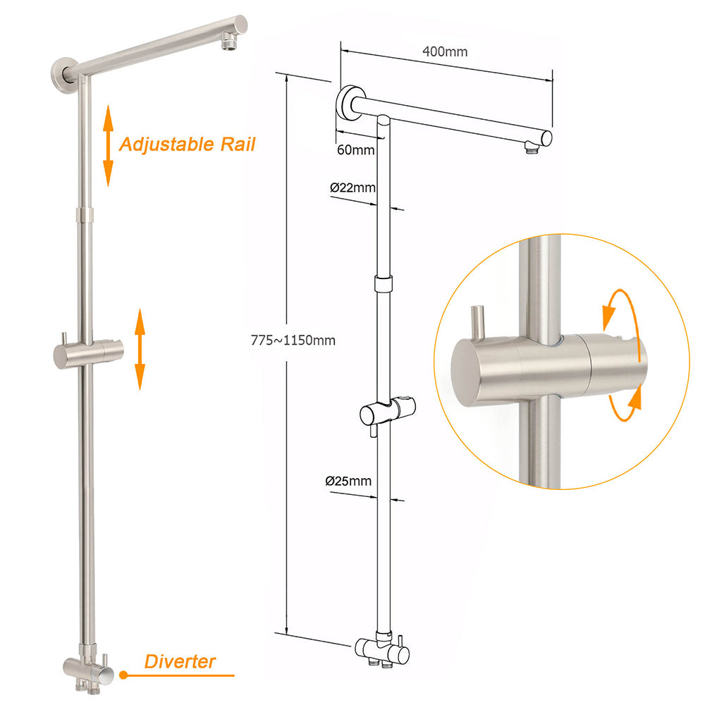 Brushed Nickel 2in1 Square 8" Thin Rainfall Head Shower Handheld Sliding Rail Arm Set V1233-SC842BSHS002M4CNKSS108N