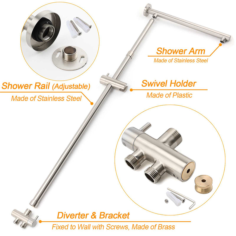 Brushed Nickel 2in1 Square 8" Thin Rainfall Head Shower Handheld Sliding Rail Arm Set V1233-SC842BSHS002M4CNKSS108N