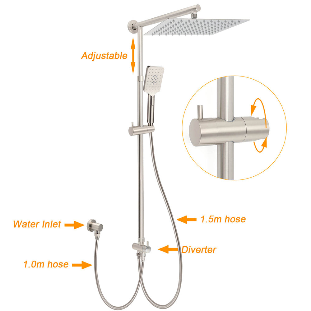 Brushed Nickel 2in1 Square 12" Thin Rainfall Head Shower 3 Modes Handheld Sliding Rail Arm Set V1233-SC842BSHS002M4CNKSS112N