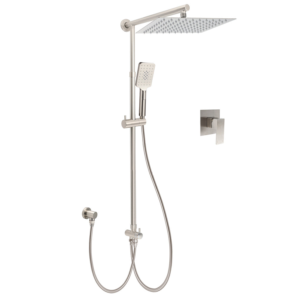 WELS Brushed Nickel 12" Rain Head Shower Square 3 Modes Handheld Sliding Rail Arm Mixer Dual Set V1233-SC842BSHS002M4CNKSS112NKSQ201N