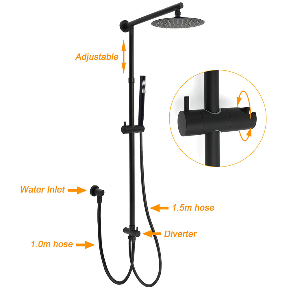 WELS Matt Black 2in1 Shower 8" Round Head Set 1 Mode Handheld Rose Sliding Rail Elbow Inlet V1233-SC842BSS019CBLKSR108B