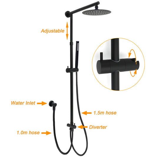 WELS Matt Black 2in1 Shower 8" Round Head Set 1 Mode Handheld Rose Sliding Rail Elbow Inlet V1233-SC842BSS019CBLKSR108B