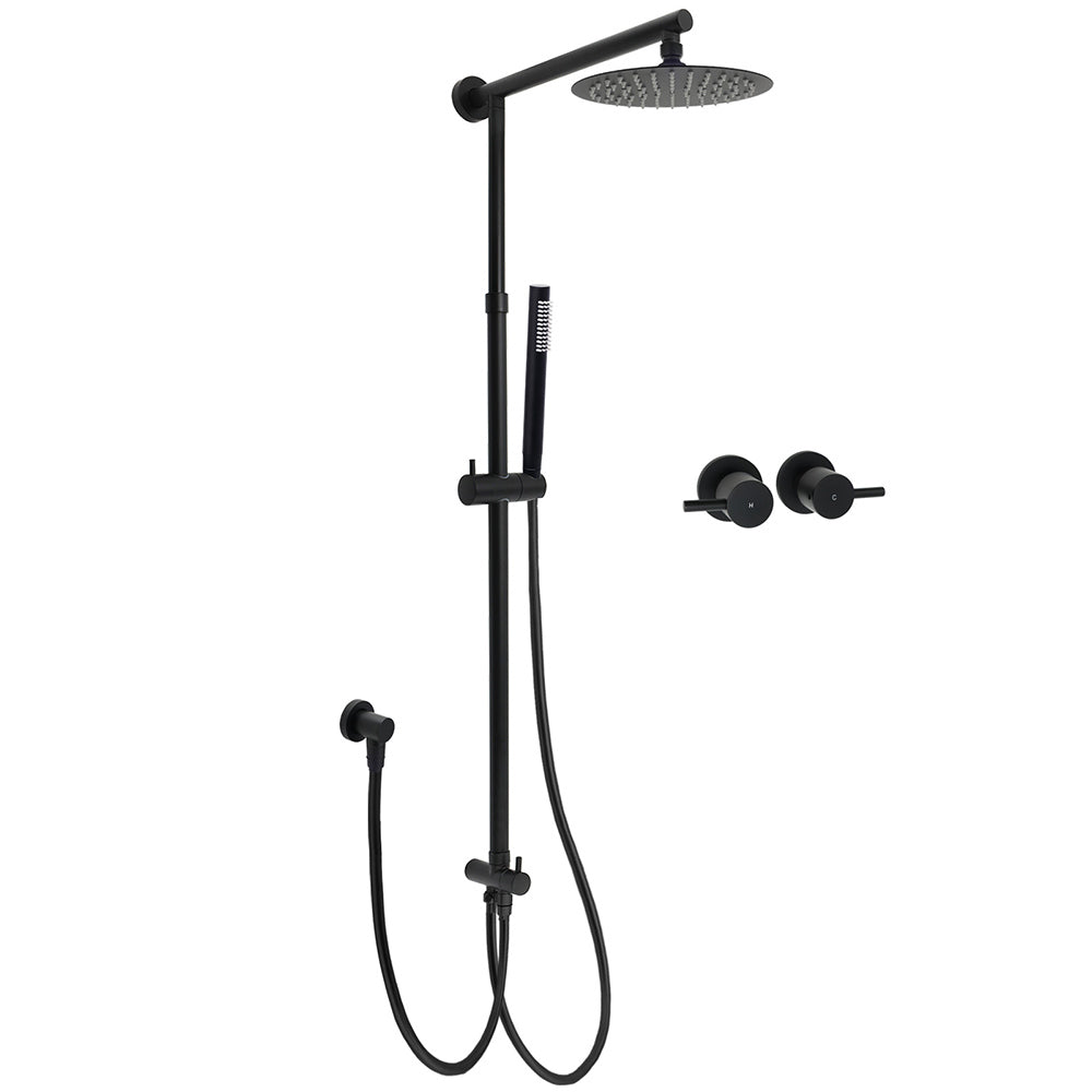 WELS Matt Black 2in1 Shower 8" Round Head Set Sliding Rail Single Mode Handheld + Twin Taps V1233-SC842BSS019CBLKSR108BCF0282ABK