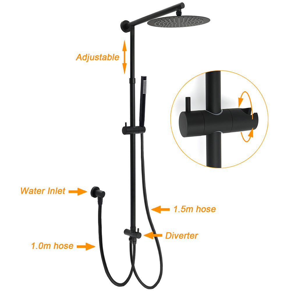 Matt Black Dual Round Shower Set 10" Rain Head Metal Handheld Sliding Rail Arm Diverter V1233-SC842BSS019CBLKSR110B