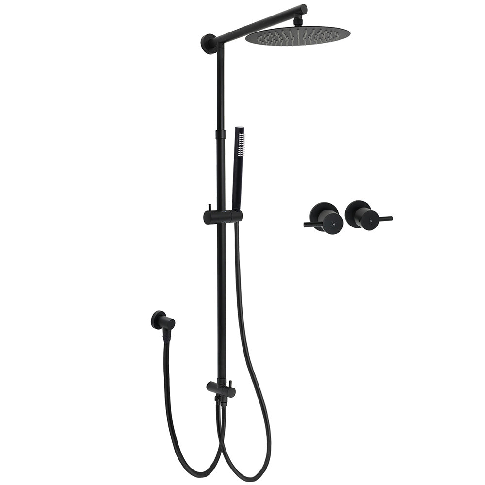 Matt Black Round Dual Shower Set 10" Rain Head Metal Handheld Sliding Rail Arm Twin Taps V1233-SC842BSS019CBLKSR110BCF0282ABK