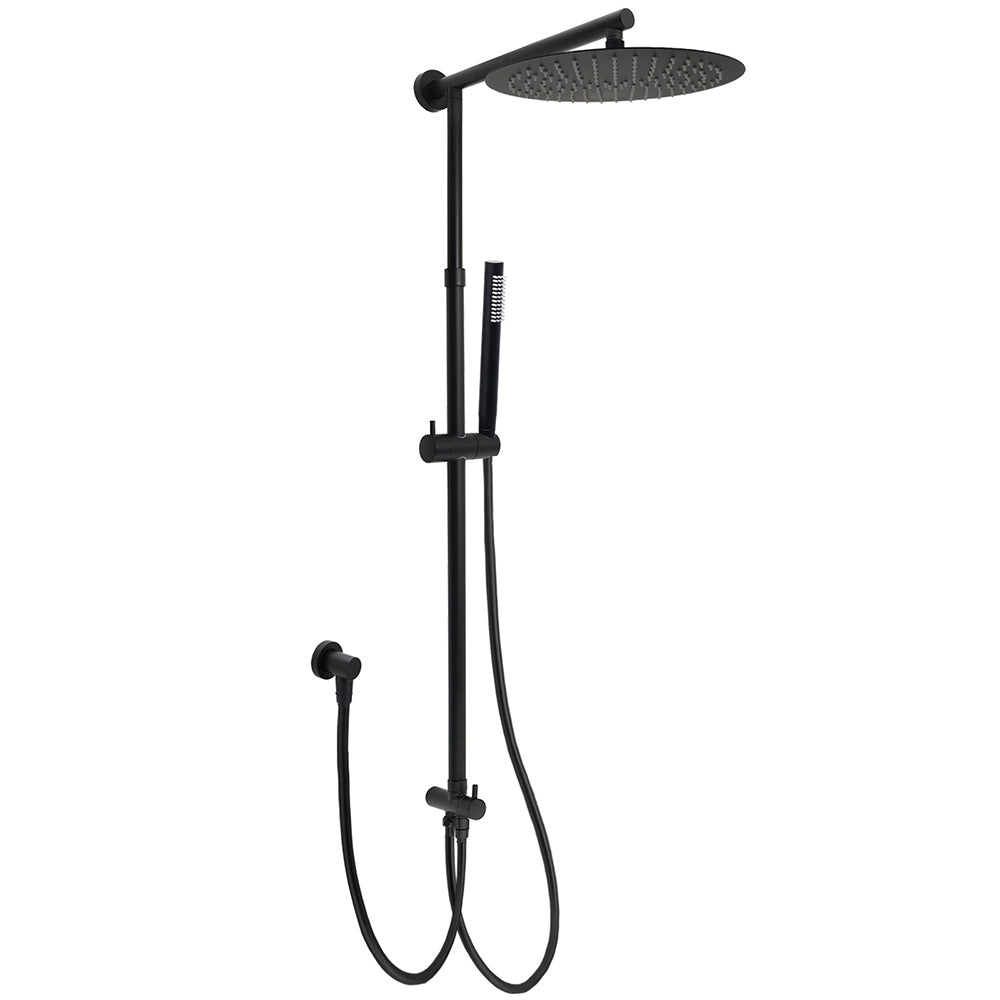 Matte Black Large 12" Round Shower Head Twin Set Stainless Steel Handheld Diverter Wall Rail Arm V1233-SC842BSS019CBLKSR112B
