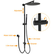 Matte Black Large 12" Round Shower Head Twin Set Stainless Steel Handheld Diverter Wall Rail Arm V1233-SC842BSS019CBLKSR112B
