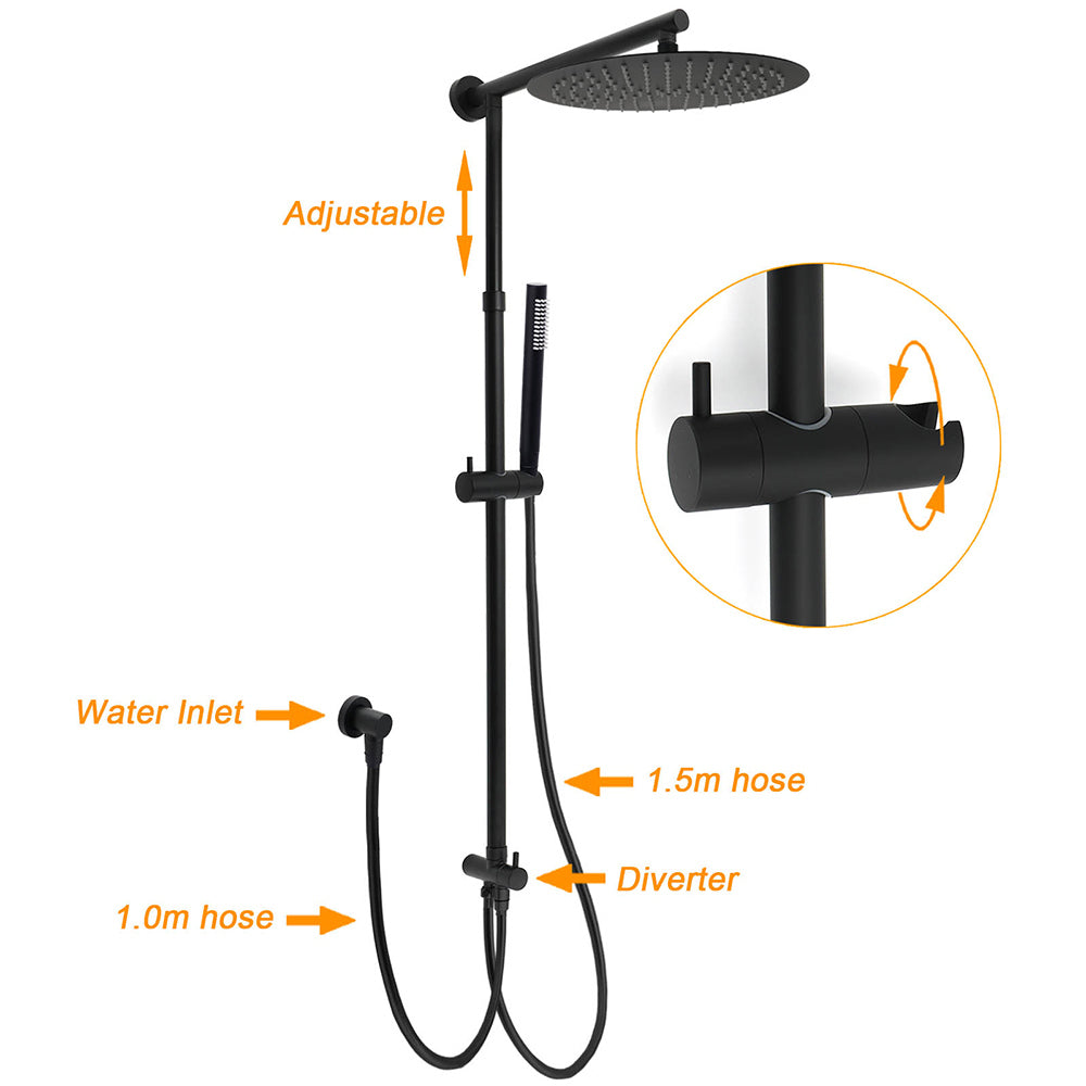 Matte Black Large 12" Round Shower Head Twin Set Stainless Steel Handheld Diverter Wall Rail Arm V1233-SC842BSS019CBLKSR112B